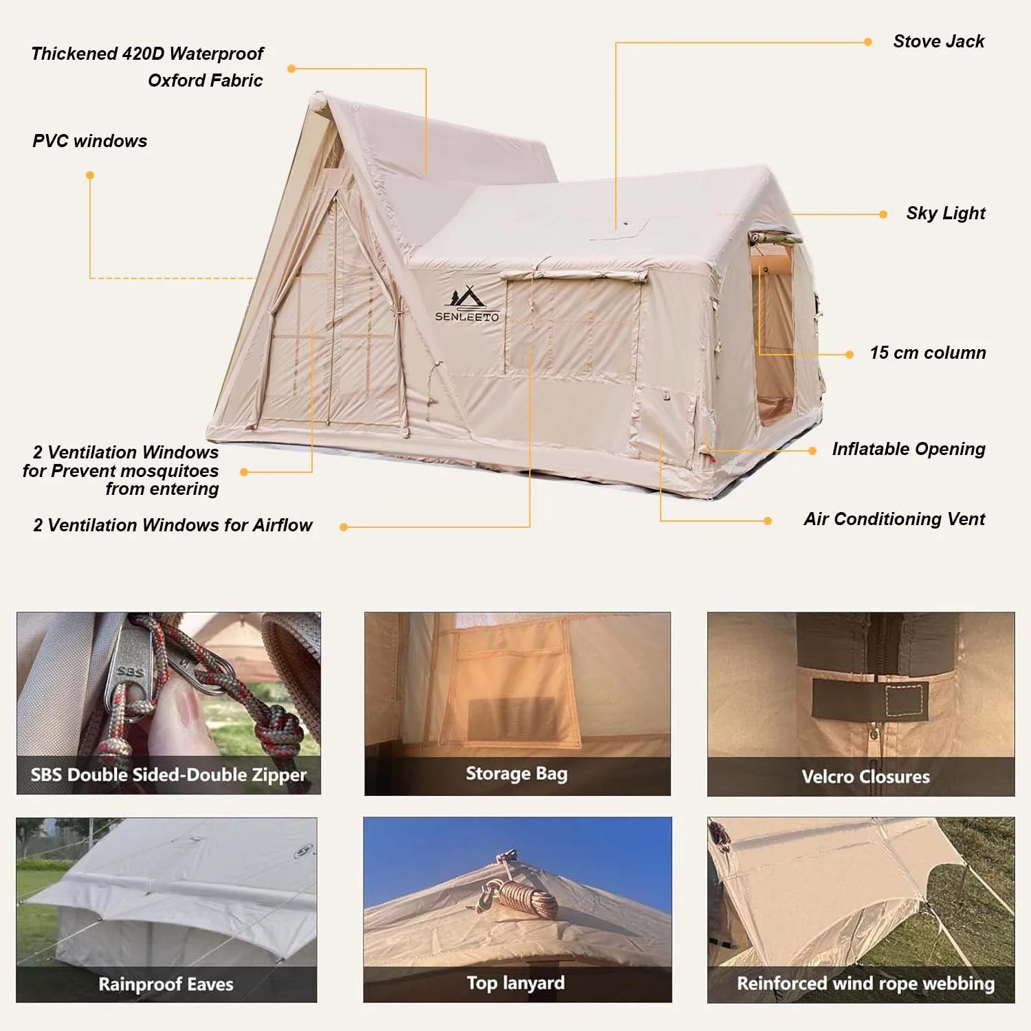 6-8 Person Large Inflatable Camping Tent, 4 Season Blow Up Tents with Canopy, Luxury Inflatable Tent House with Stove Jack