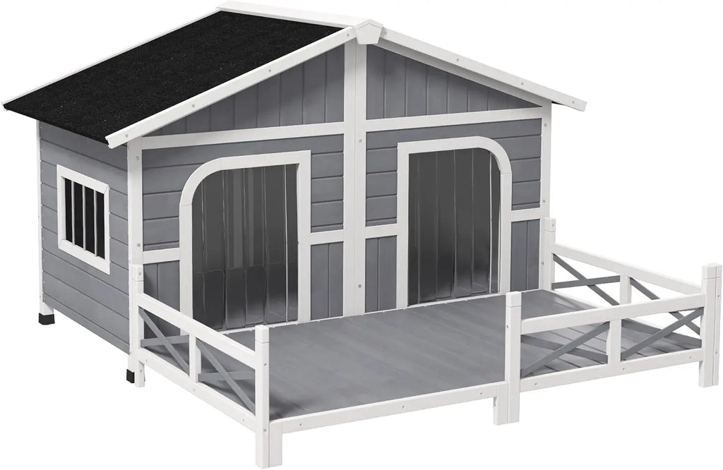 Wooden Large Dog House Outdoor Double XL Dog Kennel with Elevated Floor and Porch, Weatherproof Puppy Shelter for Dogs