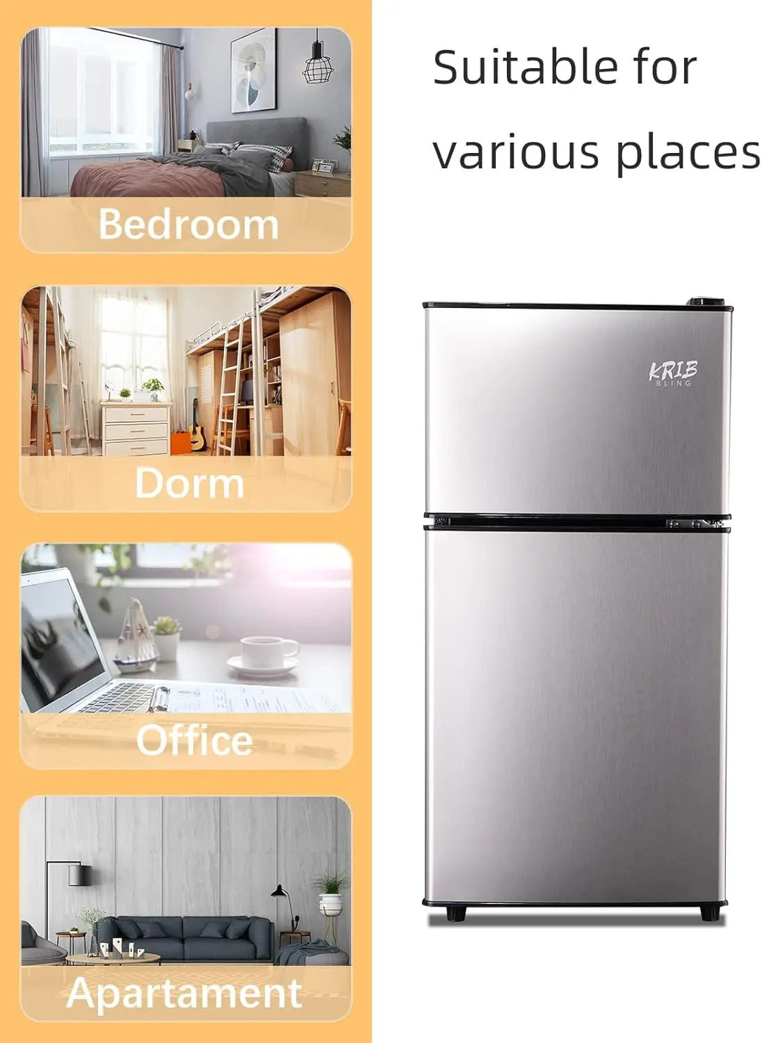 KRIB BLING Mini Fridge with Freezer on Top, 3.5 Cu.Ft Compact Refrigerator with 7 Levels Adjustable Thermostat, Small Refrigerat