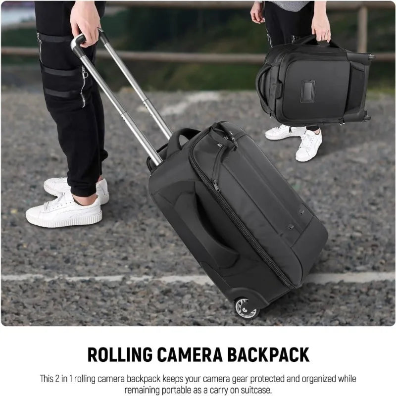 2 in 1 Shockproof Camera Backpack with Detachable Rolling Trolley Case Compartment