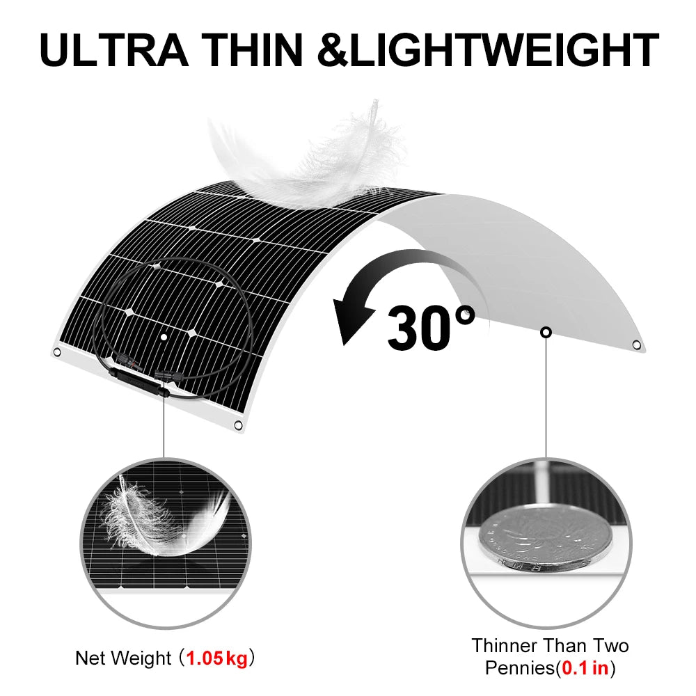 Dokio 18V 100W Flexible Monocrystalline Silicon Solar Panel Rechargeable 12V Battery Waterproof Solar