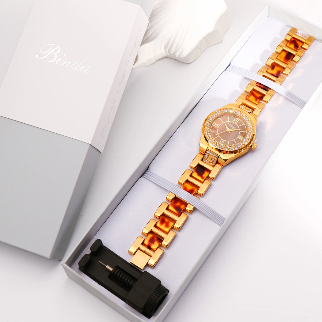 Binda Elegant Women Gold Quartz Watch Amber Accents, Mother-of-Pearl Dial, Roman Numerals, Amber Bracelet, Gift Box
