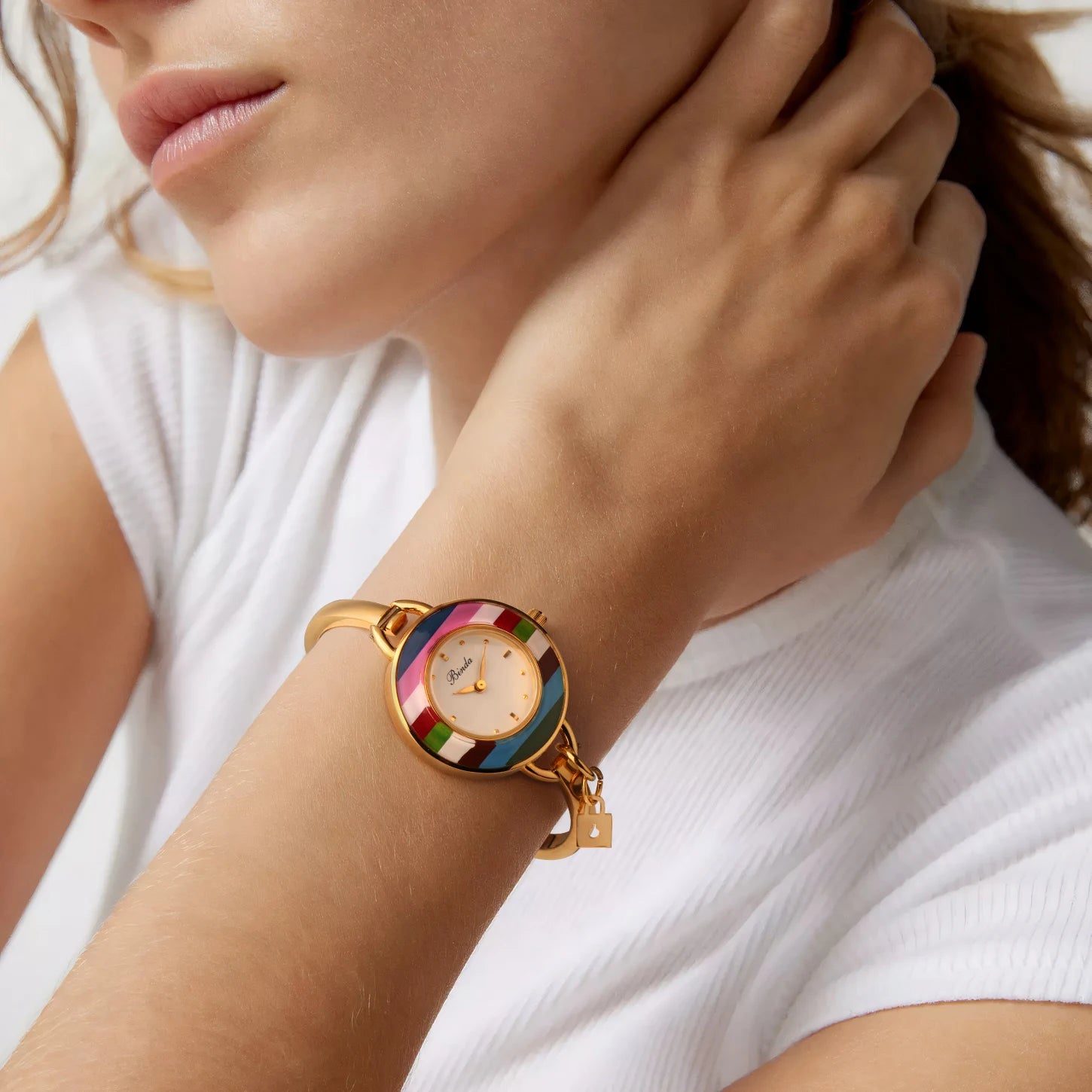 BINDA Women’s Elegant Waterproof Stainless-Steel Quartz Watch – Rainbow Gold Bracelet, Round Delicate Dial, Perfect for Daily