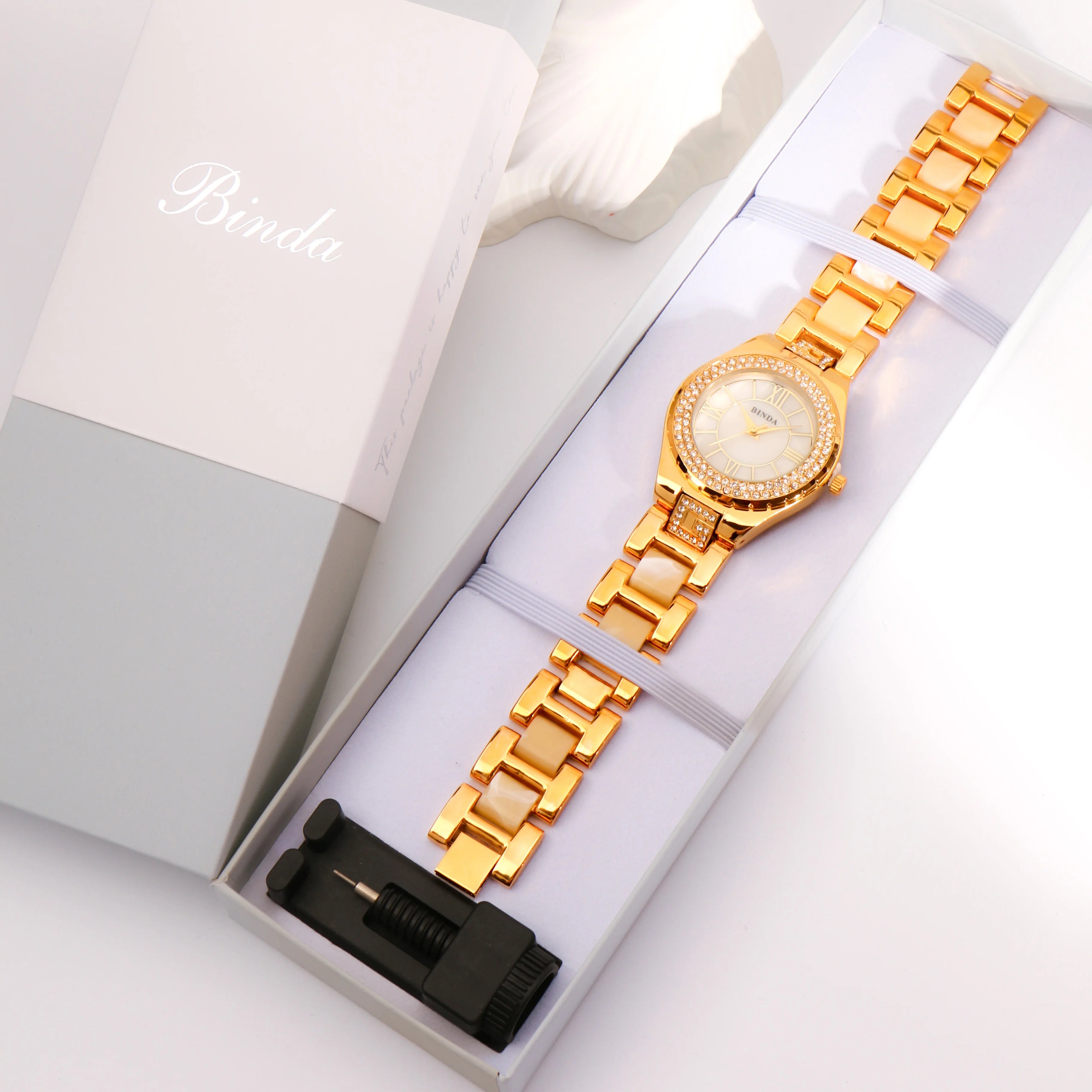 Binda Elegant Women Gold Quartz Watch Amber Accents, Mother-of-Pearl Dial, Roman Numerals, Amber Bracelet, Gift Box