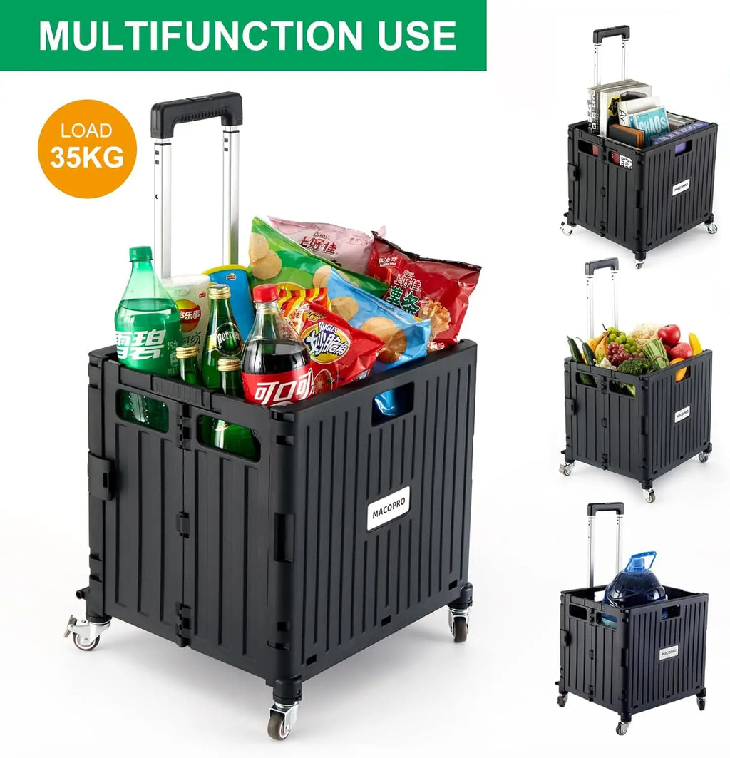 Foldable Rolling Cart with Lid, 4-Wheel Hand Truck for Shopping, Office, Luggage - Black