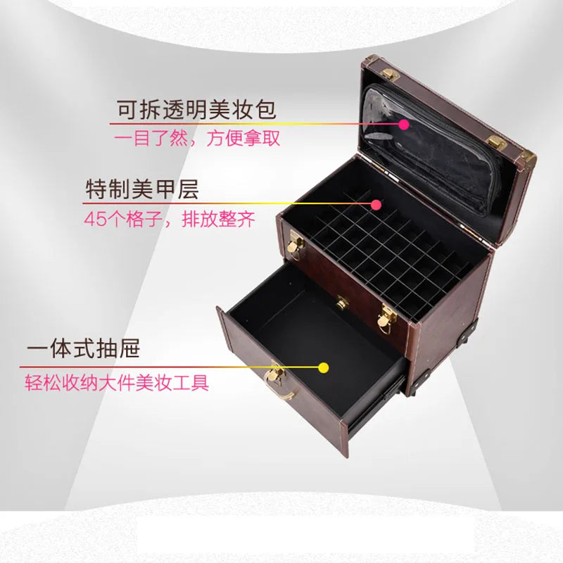Makeup Suitcase On Wheels Vintage Cosmetology Embroidery Manicure High-capacity Rolling Luggage Professional Make Up Trolley Box