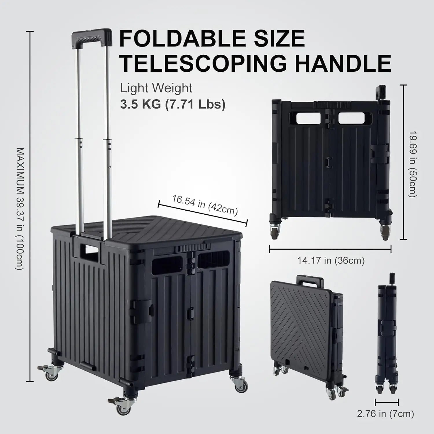 Foldable Rolling Cart with Lid, 4-Wheel Hand Truck for Shopping, Office, Luggage - Black