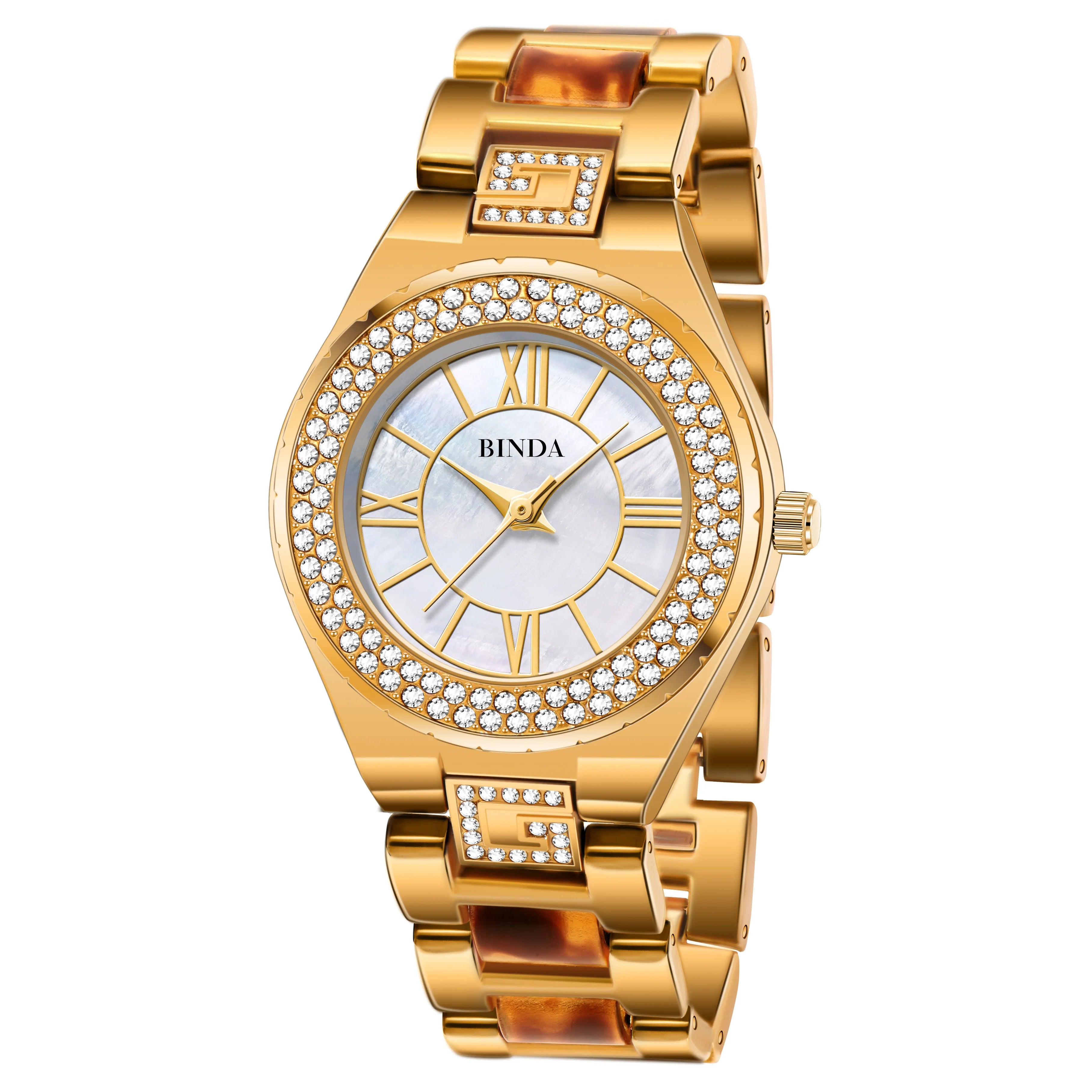Binda Elegant Women Gold Quartz Watch Amber Accents, Mother-of-Pearl Dial, Roman Numerals, Amber Bracelet, Gift Box