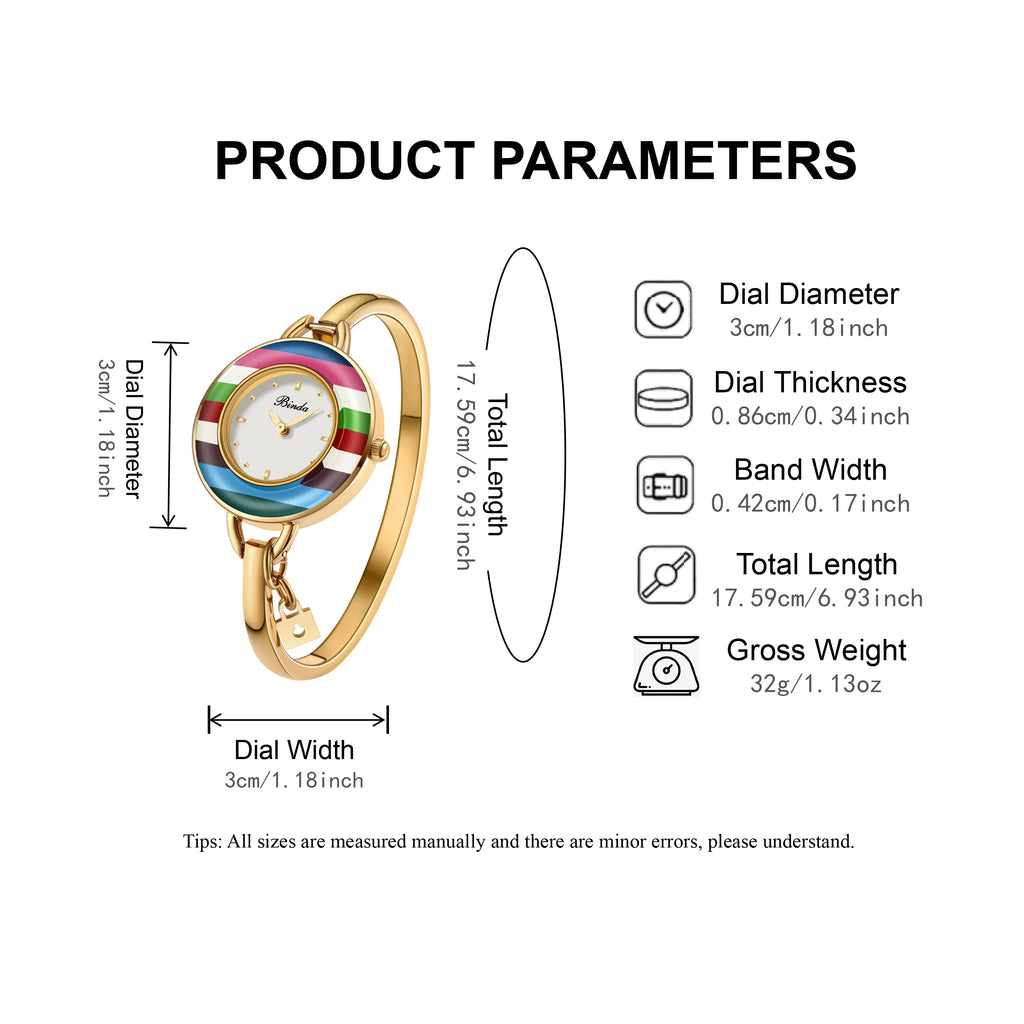 BINDA Women’s Elegant Waterproof Stainless-Steel Quartz Watch – Rainbow Gold Bracelet, Round Delicate Dial, Perfect for Daily