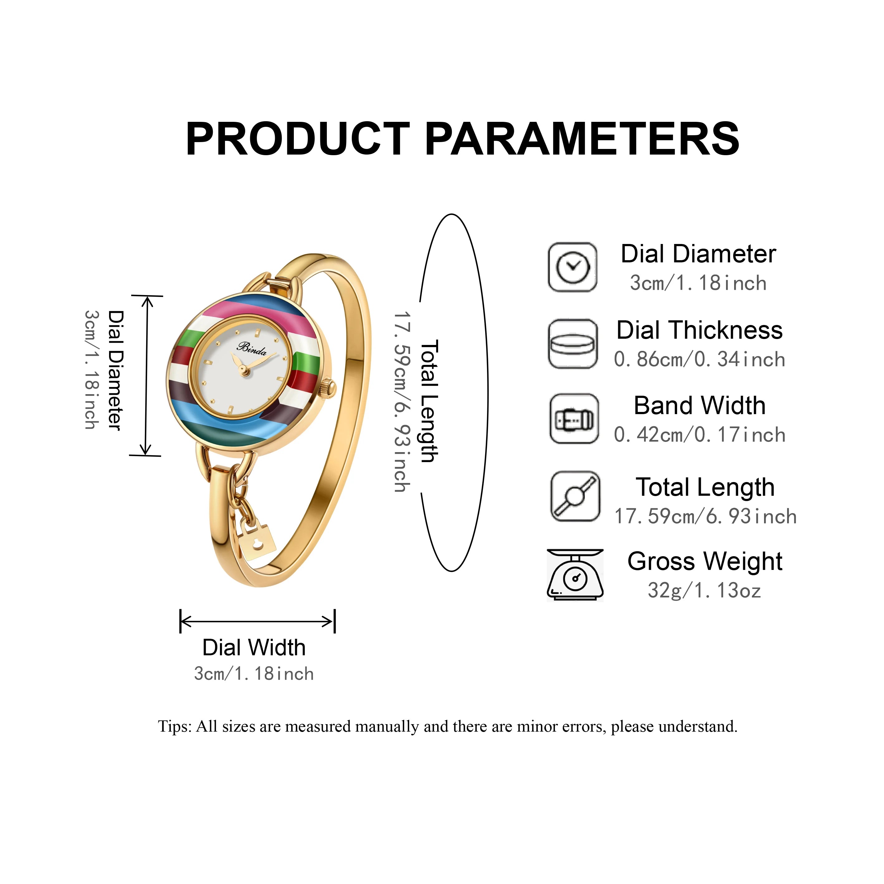 BINDA Women’s Elegant Waterproof Stainless-Steel Quartz Watch – Rainbow Gold Bracelet, Round Delicate Dial, Perfect for Daily