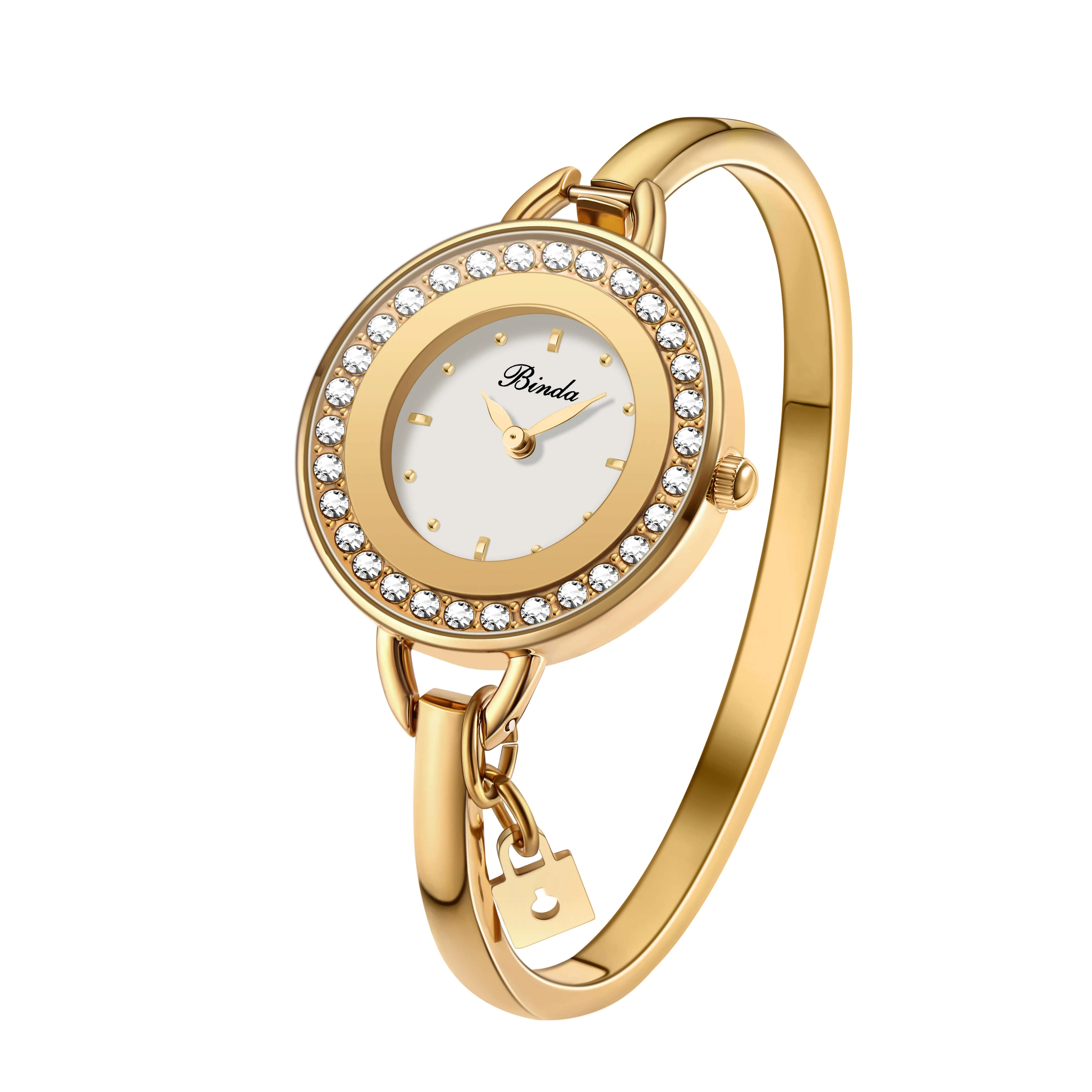 BINDA Women’s Elegant Waterproof Stainless-Steel Quartz Watch – Rainbow Gold Bracelet, Round Delicate Dial, Perfect for Daily