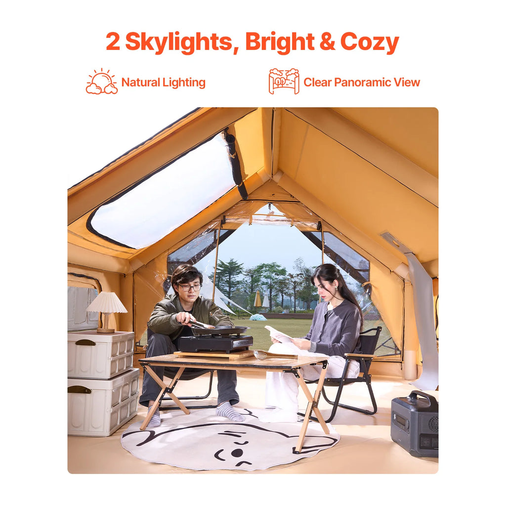 SucceBuy Inflatable Tents for Camping Easy Setup Blow up Tent with Hand Pump Glamping Tent with Skylight Stove Jack Mesh Windows