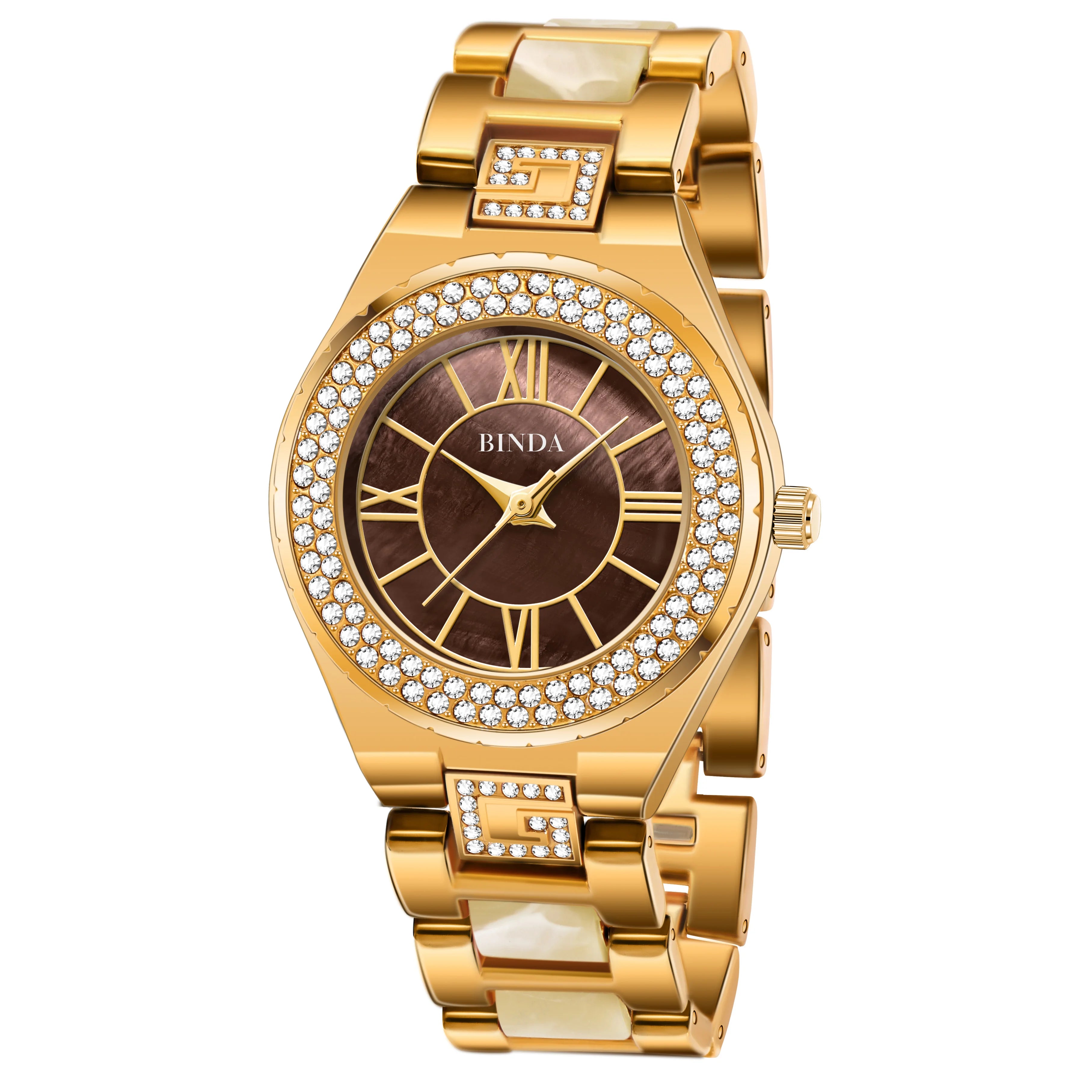 Binda Elegant Women Gold Quartz Watch Amber Accents, Mother-of-Pearl Dial, Roman Numerals, Amber Bracelet, Gift Box