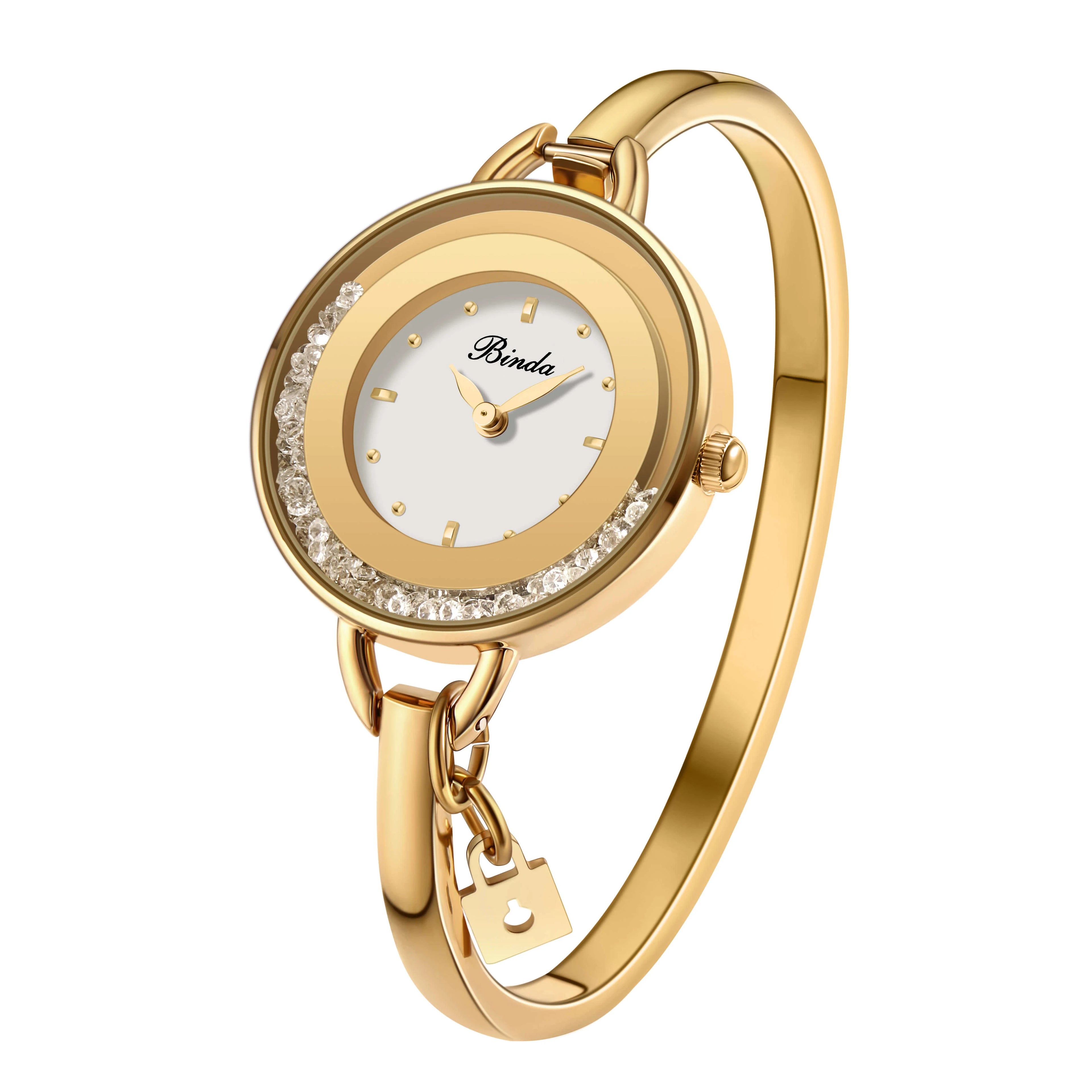 BINDA Women’s Elegant Waterproof Stainless-Steel Quartz Watch – Rainbow Gold Bracelet, Round Delicate Dial, Perfect for Daily