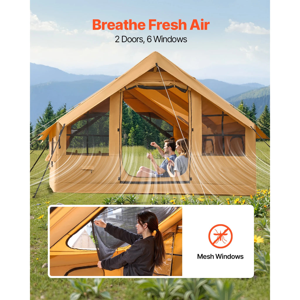 SucceBuy Inflatable Tents for Camping Easy Setup Blow up Tent with Hand Pump Glamping Tent with Skylight Stove Jack Mesh Windows