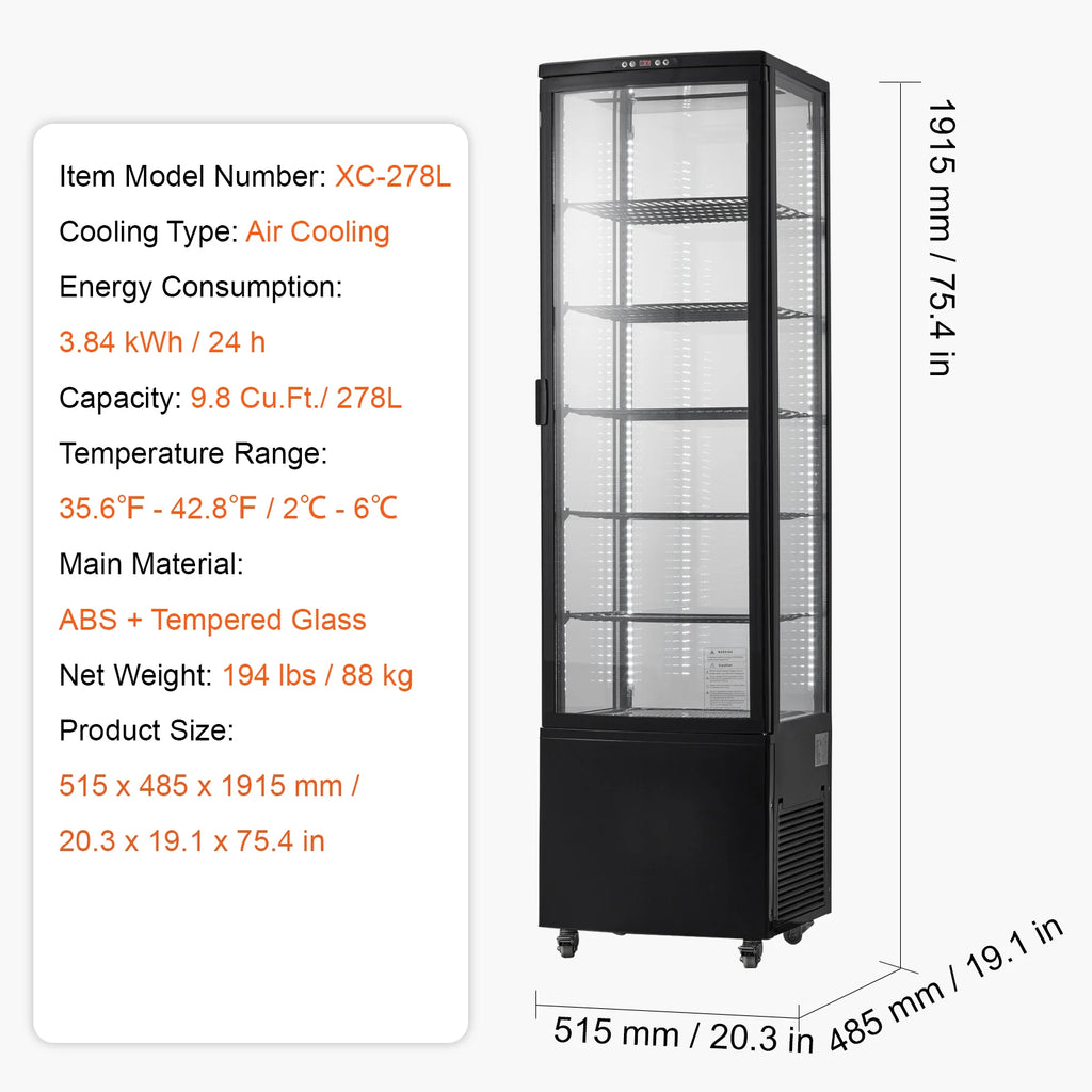 SucceBuy 3.5/4.2/5/9.8 cft Refrigerated Display Case Large Commercial Pastry Display Refrigerator with LED Lighting for Bakery