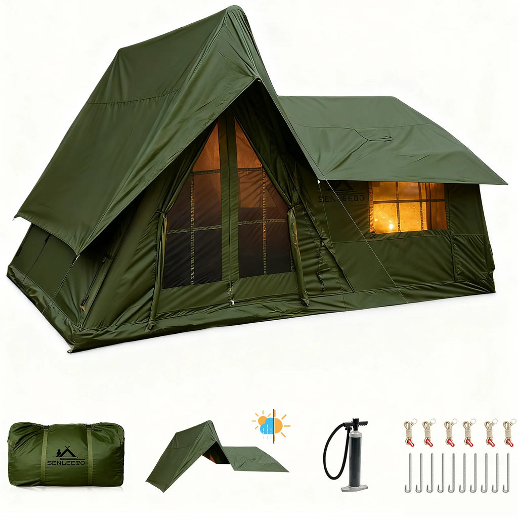 6-8 Person Large Inflatable Camping Tent, 4 Season Blow Up Tents with Canopy, Luxury Inflatable Tent House with Stove Jack