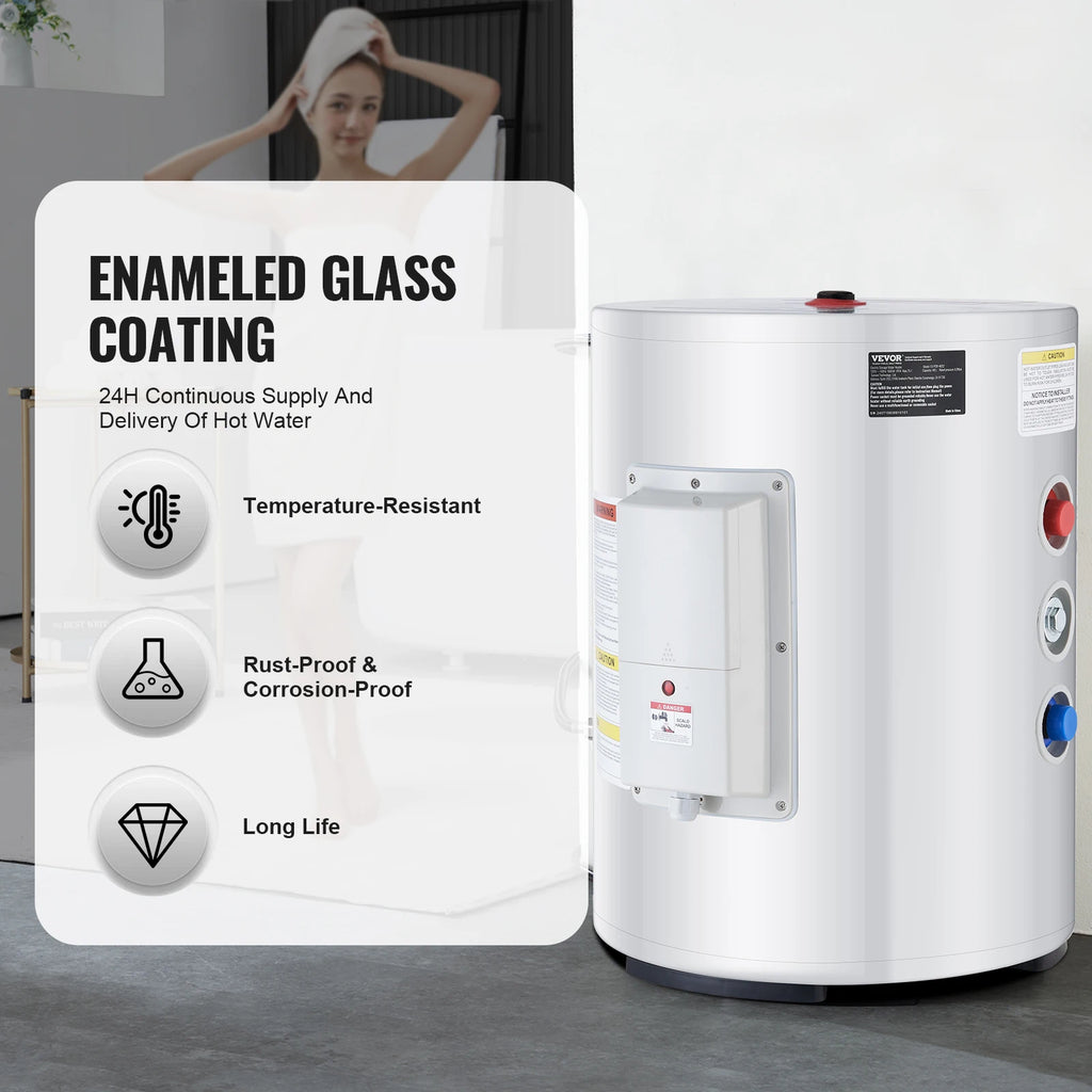 VEVOR Electric Water Heater 10 Gallon Tank Instant Hot Water Heater 1.6Kw Tankless Water Heater w/ LED Display Knob Control IPX4