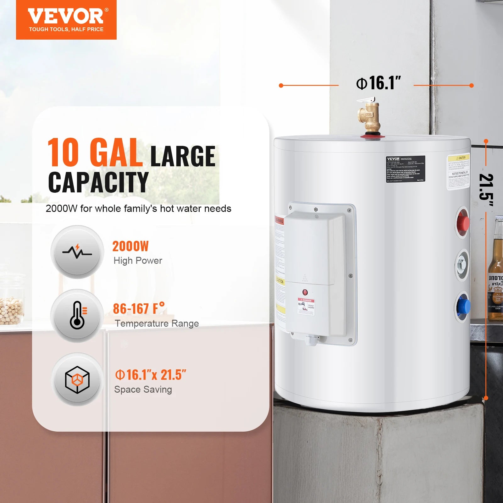 VEVOR Electric Water Heater 10 Gallon Tank Instant Hot Water Heater 1.6Kw Tankless Water Heater w/ LED Display Knob Control IPX4