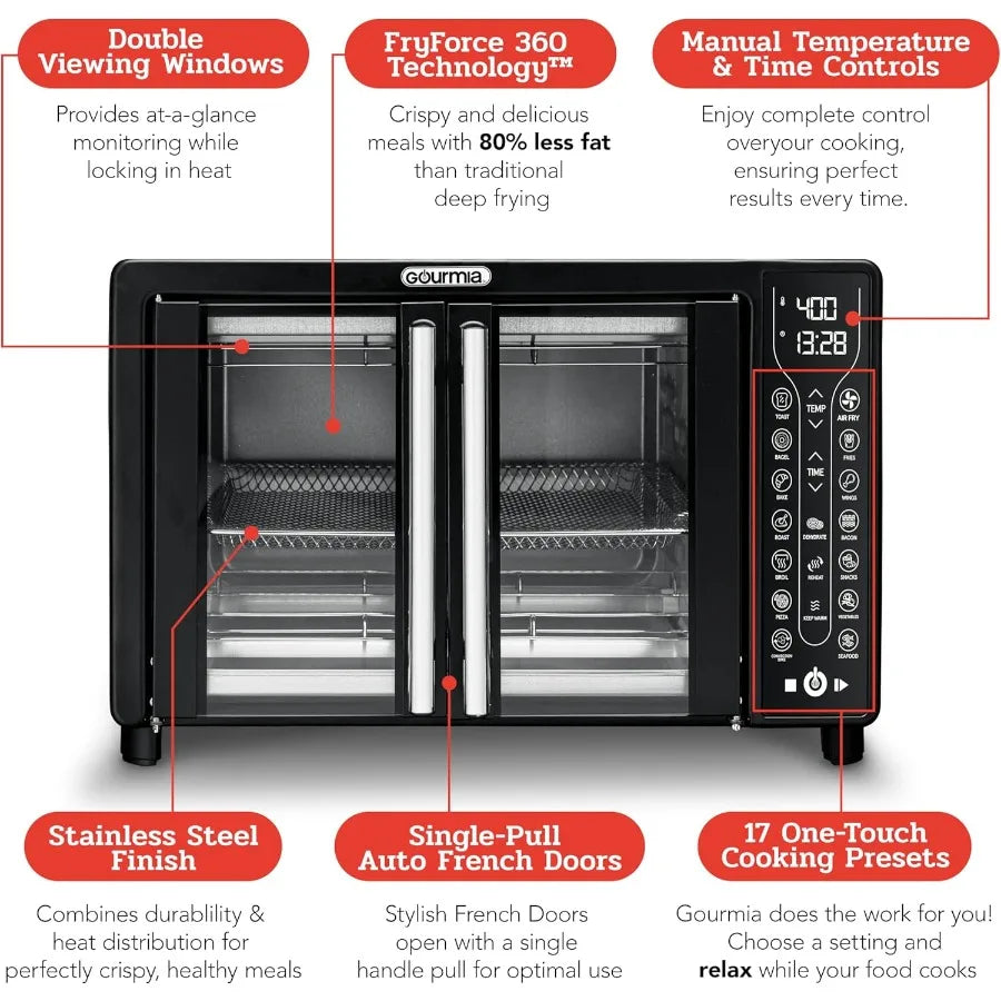 Large 24L Capacity Toaster Oven Air Fryer Combo with 17 Cooking Presets and 1700W Power Digital French Door Design with Convect