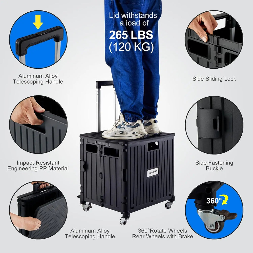 Foldable Rolling Cart with Lid, 4-Wheel Hand Truck for Shopping, Office, Luggage - Black