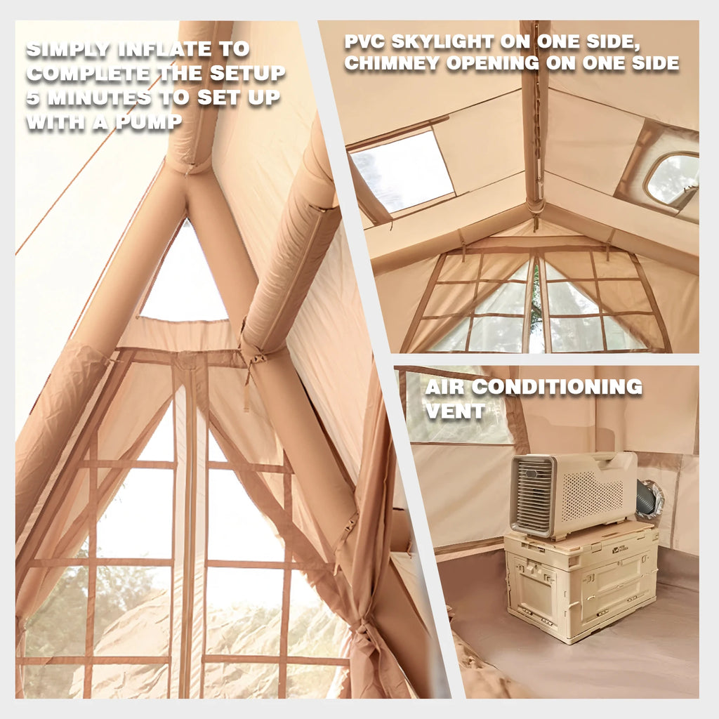 6-8 Person Large Inflatable Camping Tent, 4 Season Blow Up Tents with Canopy, Luxury Inflatable Tent House with Stove Jack