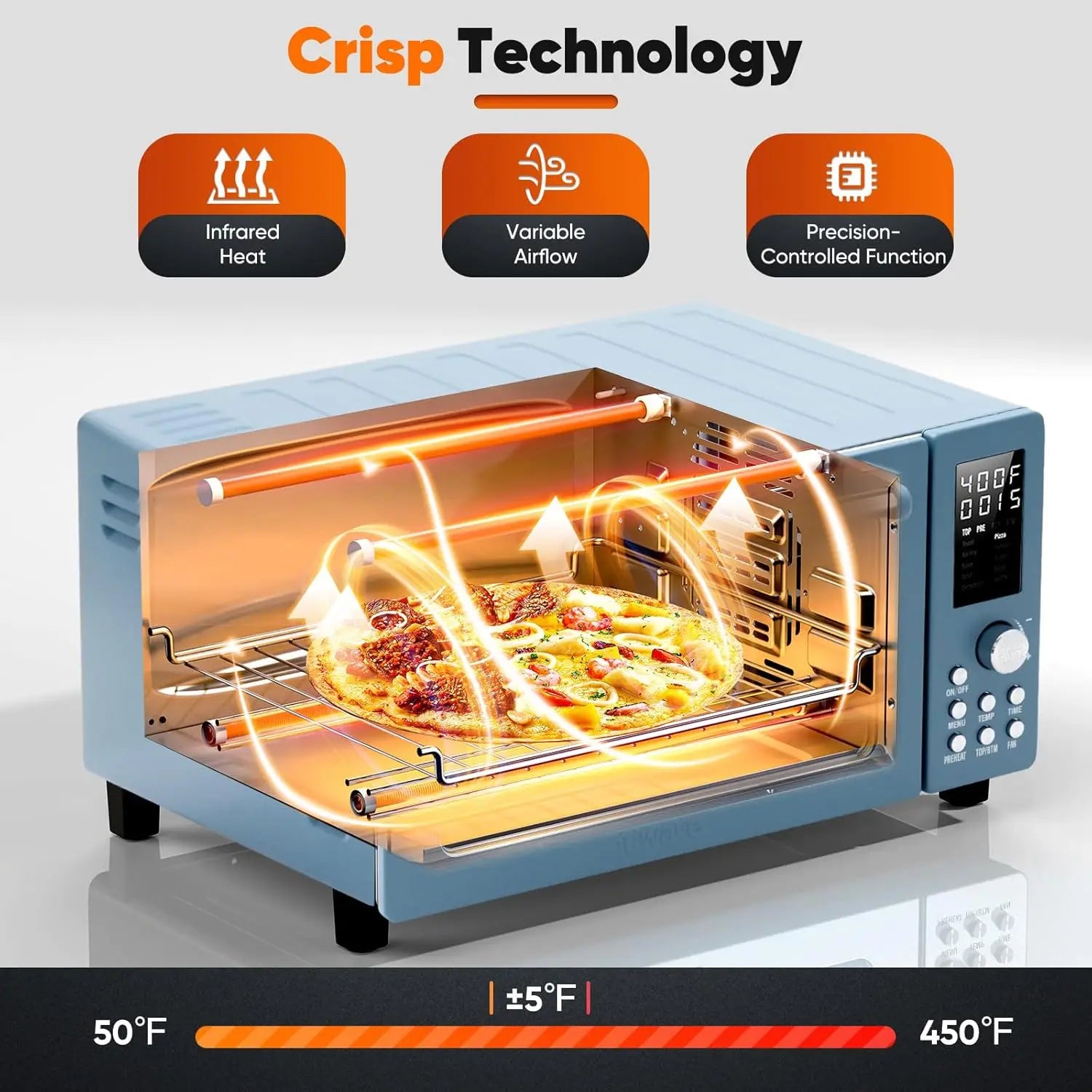 Bravo Pro 10-in-1 Convection Air Fryer Toaster Oven, 21Qt, Cozy Blue, 50-450°F, PFAS Free