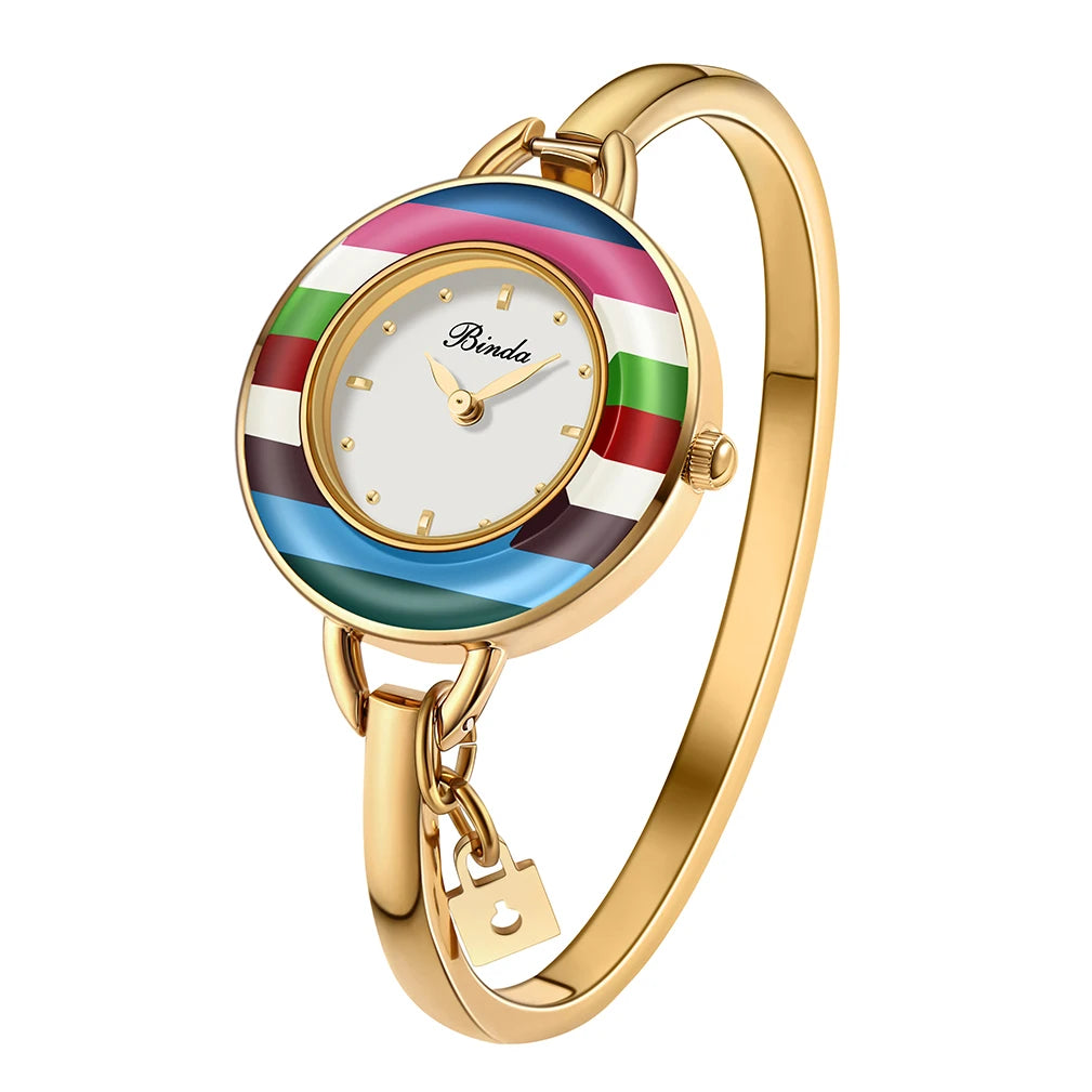 BINDA Women’s Elegant Waterproof Stainless-Steel Quartz Watch – Rainbow Gold Bracelet, Round Delicate Dial, Perfect for Daily