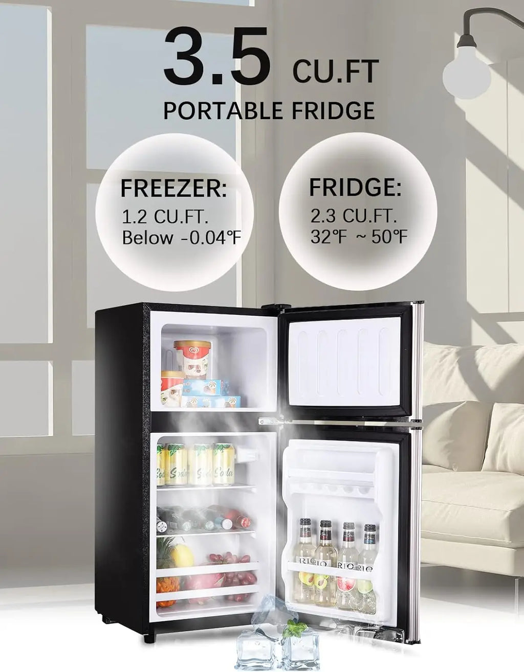KRIB BLING Mini Fridge with Freezer on Top, 3.5 Cu.Ft Compact Refrigerator with 7 Levels Adjustable Thermostat, Small Refrigerat
