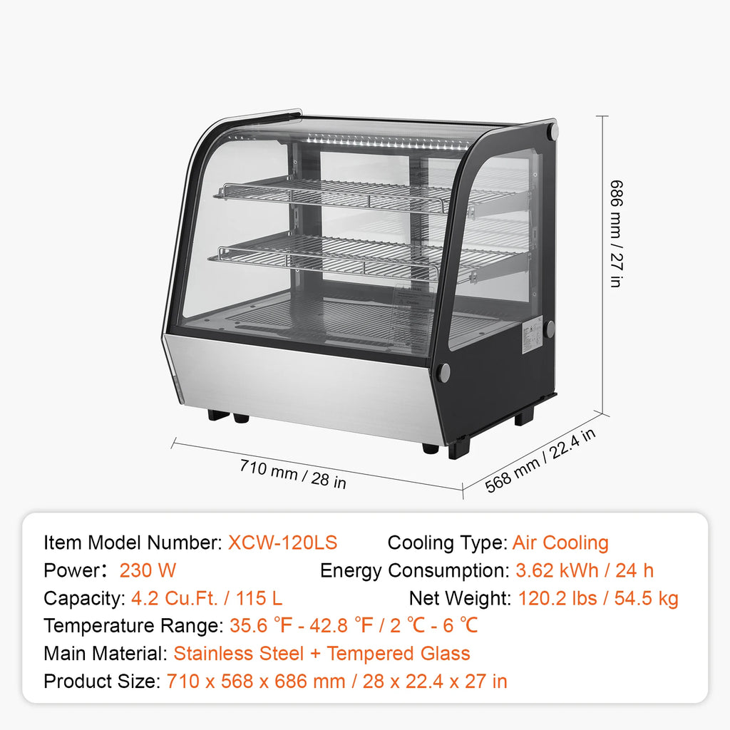 SucceBuy 3.5/4.2/5/9.8 cft Refrigerated Display Case Large Commercial Pastry Display Refrigerator with LED Lighting for Bakery