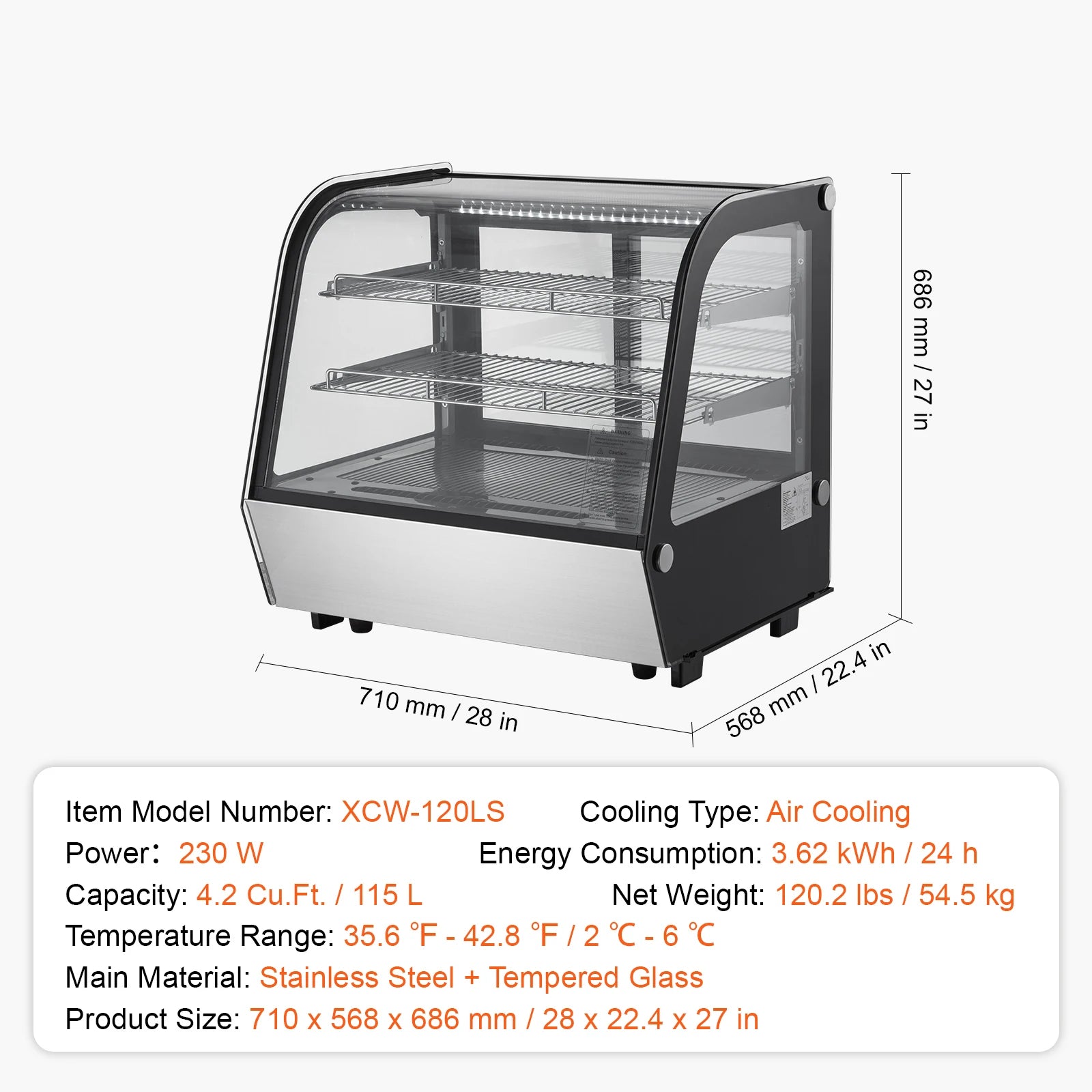 SucceBuy 3.5/4.2/5/9.8 cft Refrigerated Display Case Large Commercial Pastry Display Refrigerator with LED Lighting for Bakery