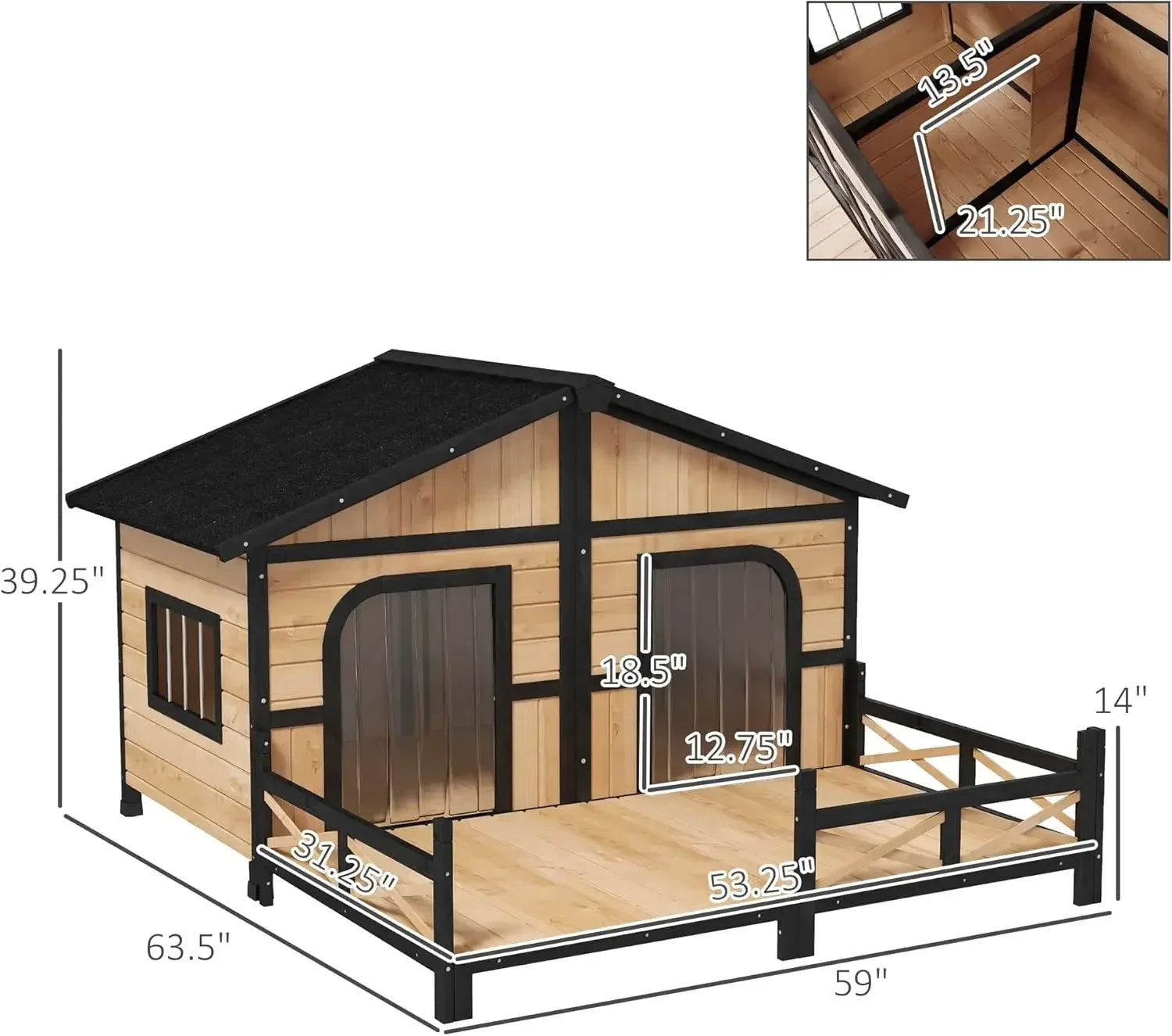 Wooden Large Dog House Outdoor Double XL Dog Kennel with Elevated Floor and Porch, Weatherproof Puppy Shelter for Dogs