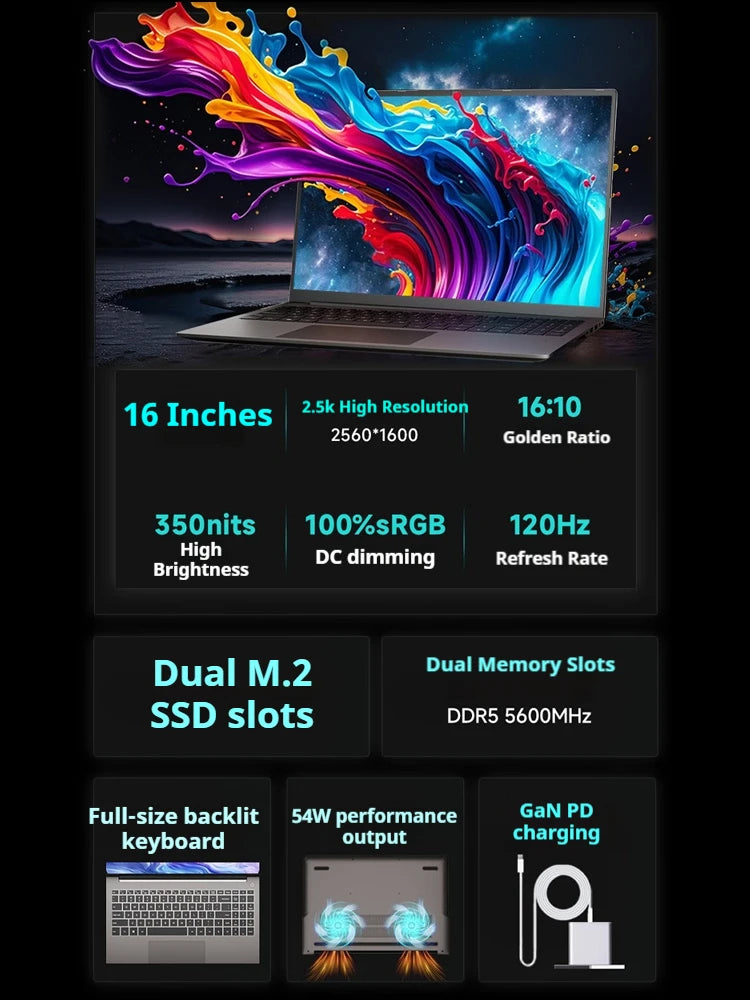 Firebat 16inch U6B Laptop AMD R7 8745HS, Radeon 780M Graphics, Portable 120Hz 2.5K 16GB DDR5 RAM, 512GB SSD, Gmaing Notebook