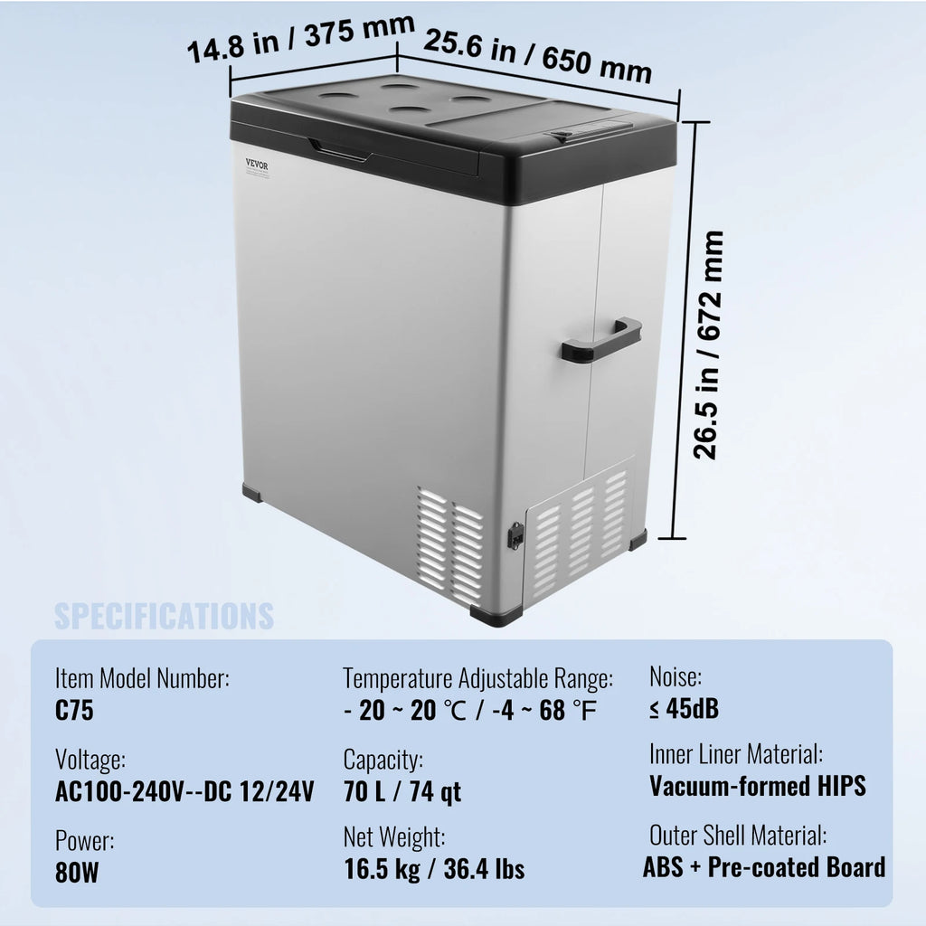 SucceBuy Car Refrigerator 12Volt 70L Single -4℉-68℉ Adjustable Range 12/24V DC and 100-240V AC Compressor for Outdoor Camping RV