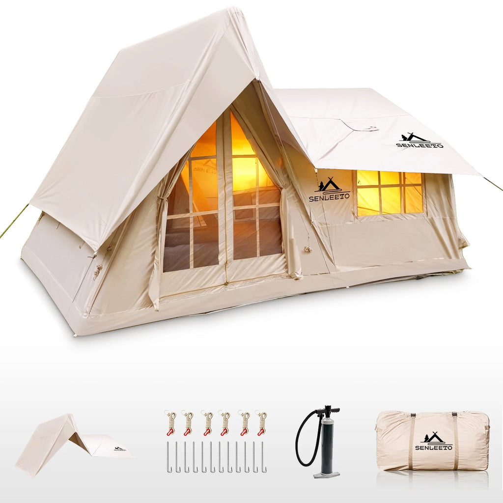 6-8 Person Large Inflatable Camping Tent, 4 Season Blow Up Tents with Canopy, Luxury Inflatable Tent House with Stove Jack